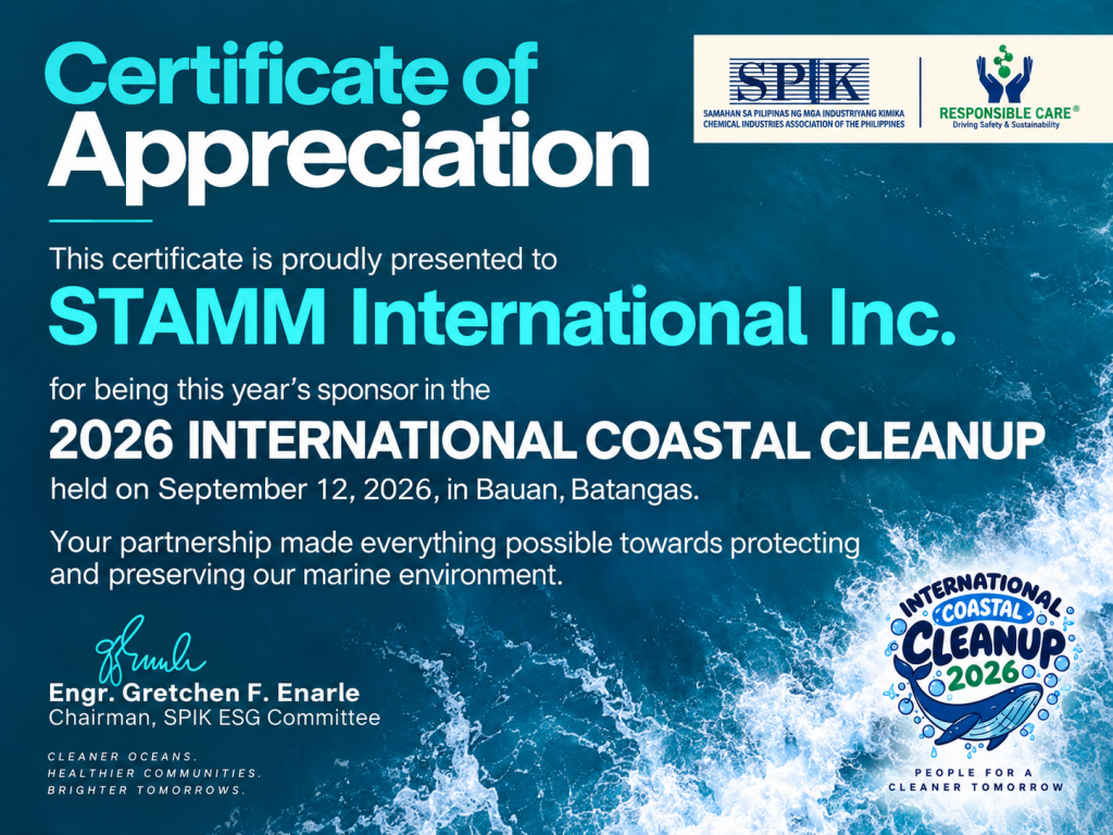 Certificate of Appreciation presented to STAMM International Inc. as a sponsor of the 2026 International Coastal Cleanup